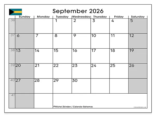 Printable September 2026 calendar - Bahamas