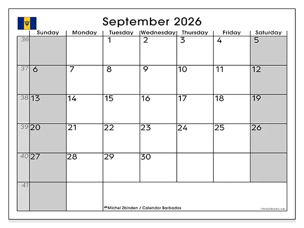 Printable September 2026 calendar - Barbados