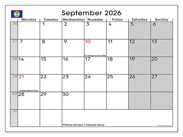 Printable September 2026 calendar - Belize