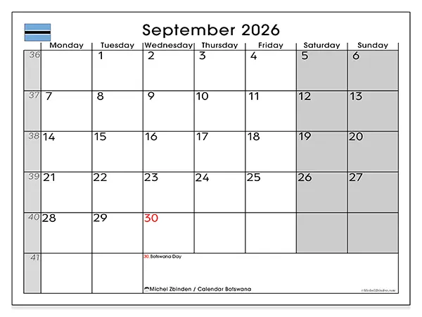 Printable September 2026 calendar - Botswana
