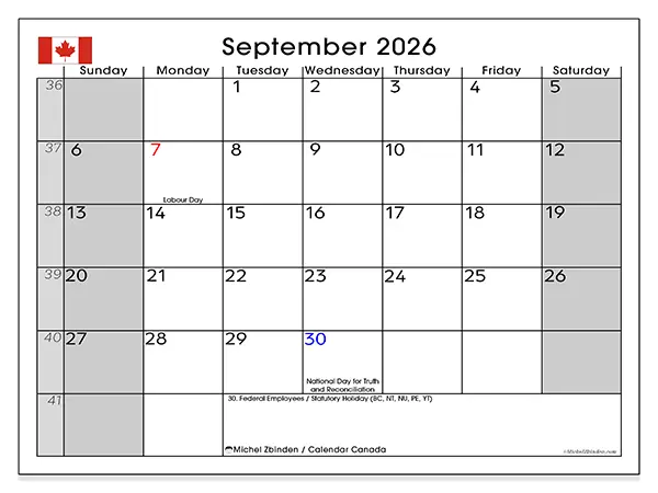 Printable September 2026 calendar - Canada