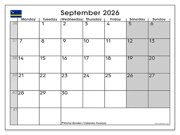 Printable September 2026 calendar - Curaçao