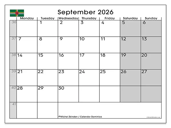 Printable September 2026 calendar - Dominica