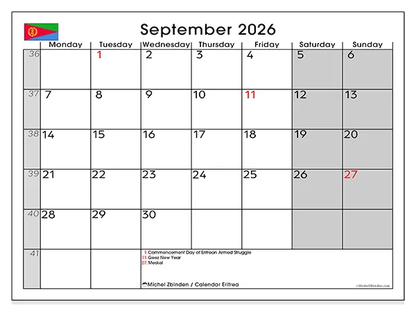 Printable September 2026 calendar - Eritrea