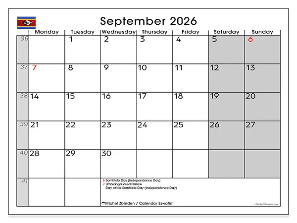 Printable September 2026 calendar - Eswatini