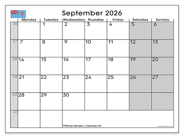 Printable September 2026 calendar - Fiji