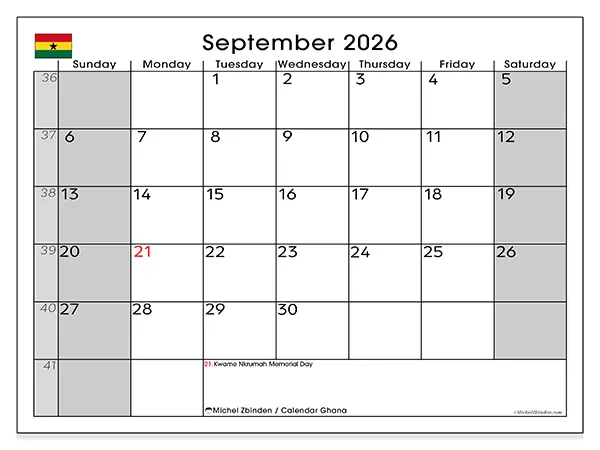 Printable September 2026 calendar - Ghana