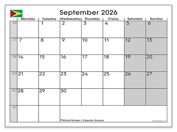 Printable September 2026 calendar - Guyana