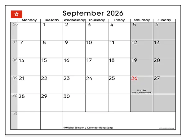 Printable September 2026 calendar - Hong Kong