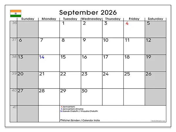 Printable September 2026 calendar - India