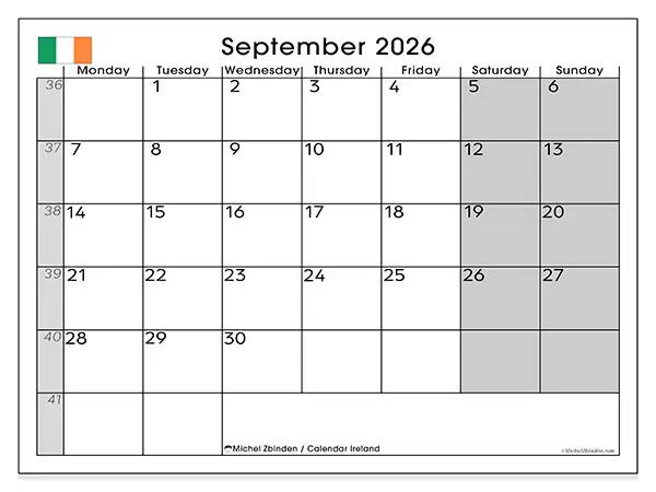 Printable September 2026 calendar - Ireland