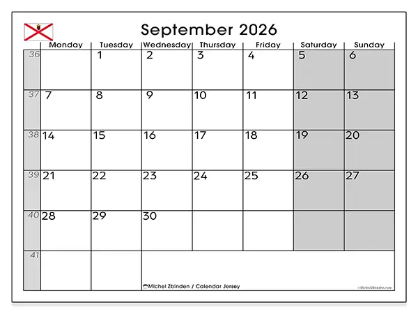 Printable September 2026 calendar - Jersey