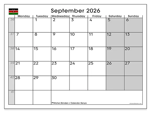 Printable September 2026 calendar - Kenya