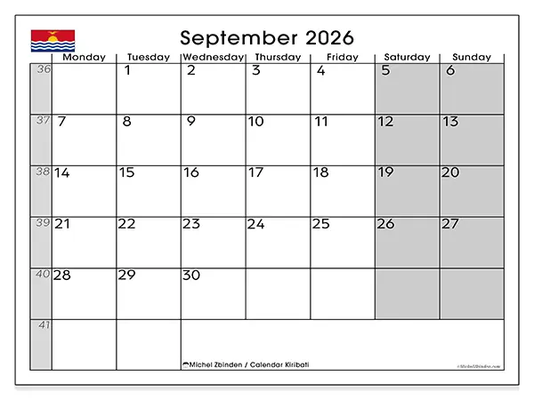 Printable September 2026 calendar - Kiribati