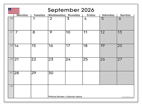 Printable September 2026 calendar - Liberia