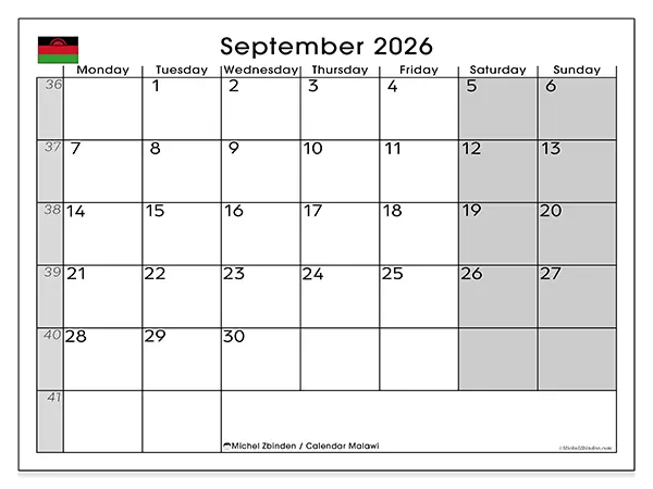 Printable September 2026 calendar - Malawi