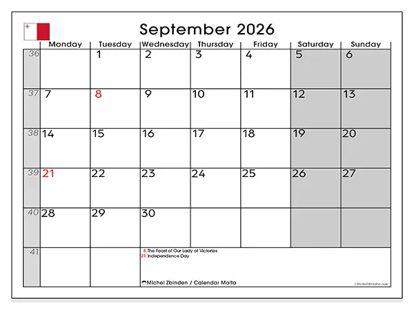 Printable September 2026 calendar - Malta