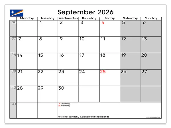 Printable September 2026 calendar - Marshall Islands