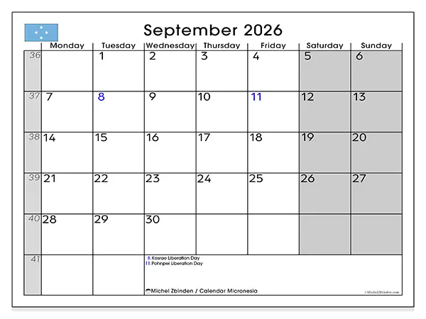 Printable September 2026 calendar - Micronesia