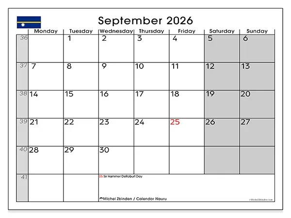 Printable September 2026 calendar - Nauru
