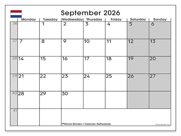 Printable September 2026 calendar - Netherlands