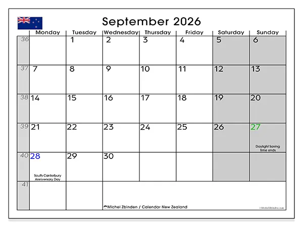 Printable September 2026 calendar - New Zealand