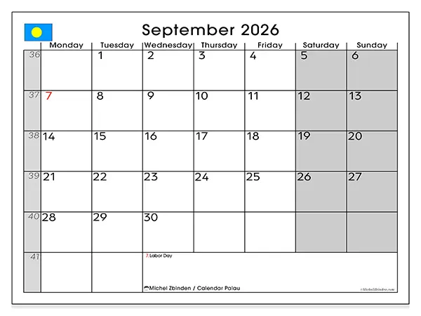 Printable September 2026 calendar - Palau