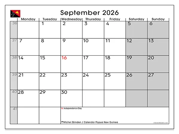 Printable September 2026 calendar - Papua New Guinea