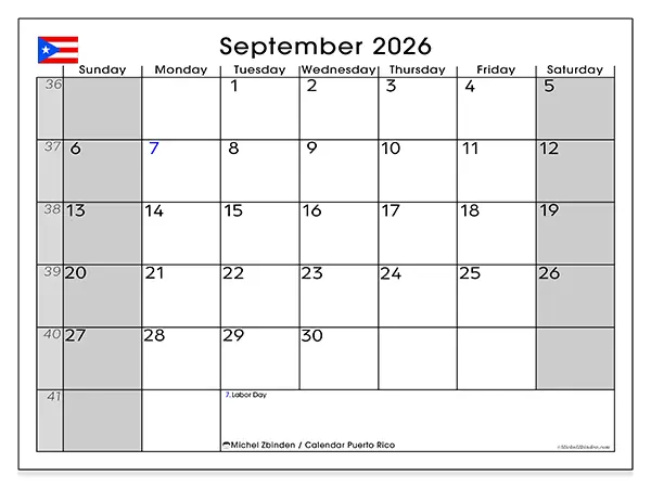 Printable September 2026 calendar - Puerto Rico