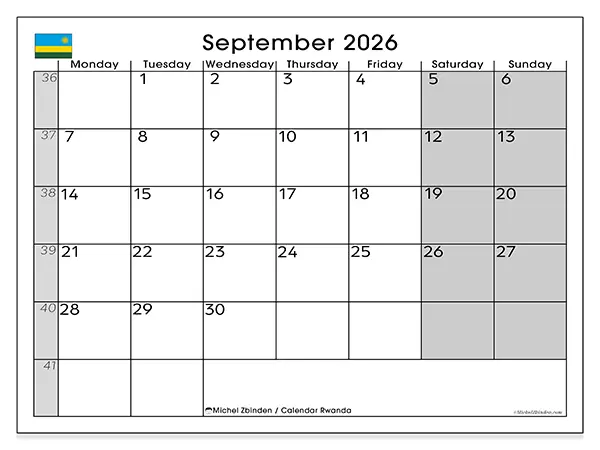 Printable September 2026 calendar - Rwanda