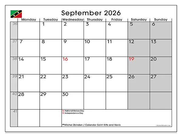 Printable September 2026 calendar - Saint Kitts and Nevis