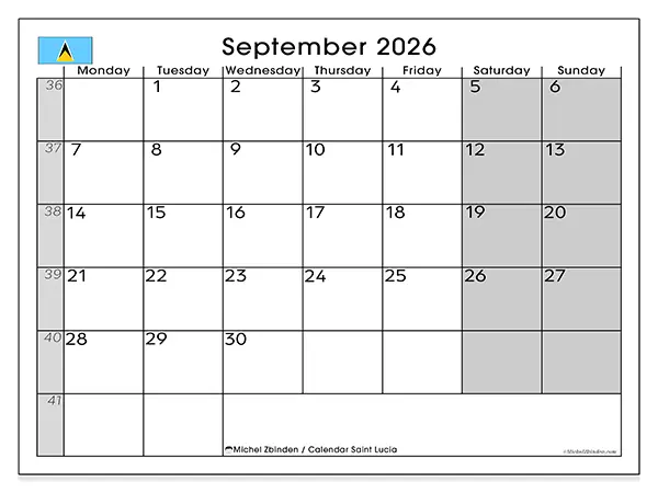Printable September 2026 calendar - Saint Lucia