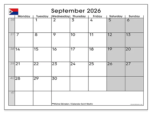 Printable September 2026 calendar - Saint Martin