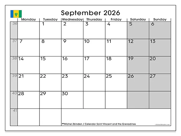 Printable September 2026 calendar - Saint Vincent and the Grenadines