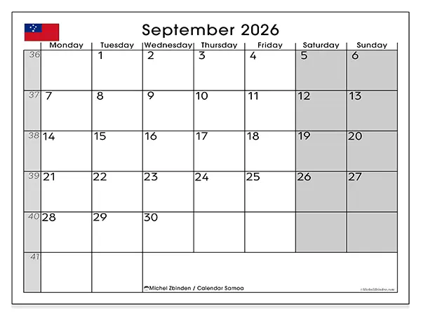 Printable September 2026 calendar - Samoa