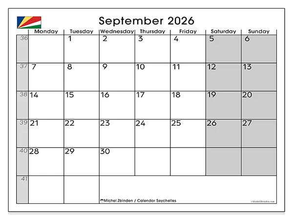 Printable September 2026 calendar - Seychelles