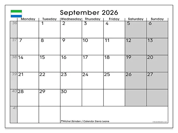 Printable September 2026 calendar - Sierra Leone