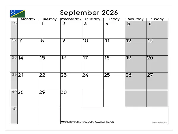 Printable September 2026 calendar - Solomon Islands