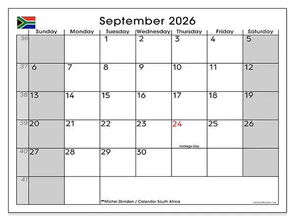 Printable September 2026 calendar - South Africa