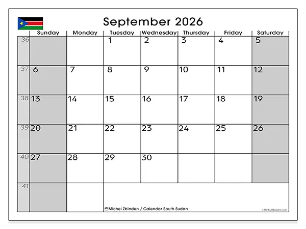 Printable September 2026 calendar - South Sudan