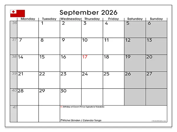 Printable September 2026 calendar - Tonga