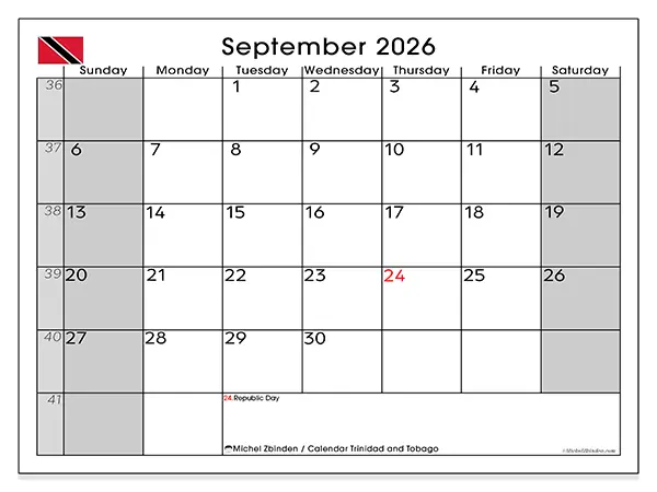 Printable September 2026 calendar - Trinidad and Tobago