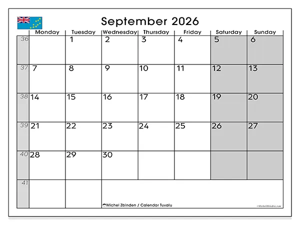 Printable September 2026 calendar - Tuvalu
