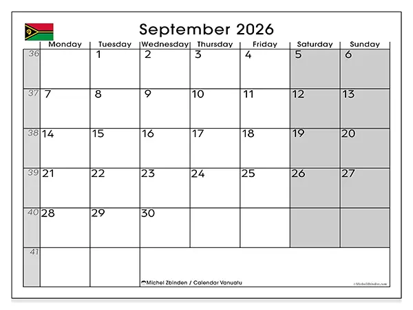Printable September 2026 calendar - Vanuatu