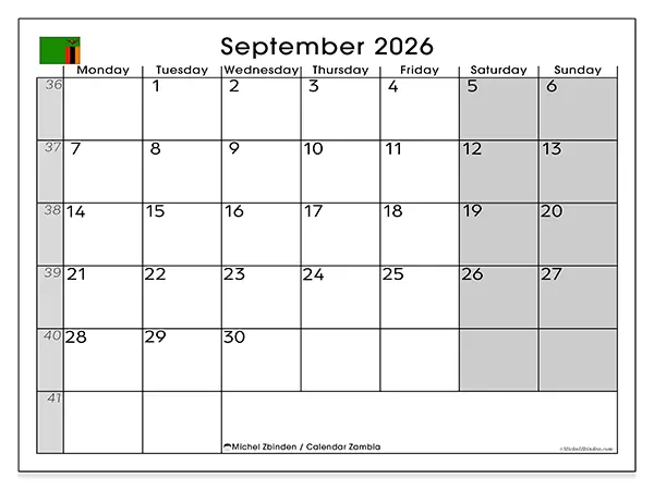 Printable September 2026 calendar - Zambia