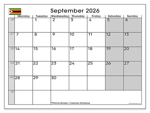 Printable September 2026 calendar - Zimbabwe