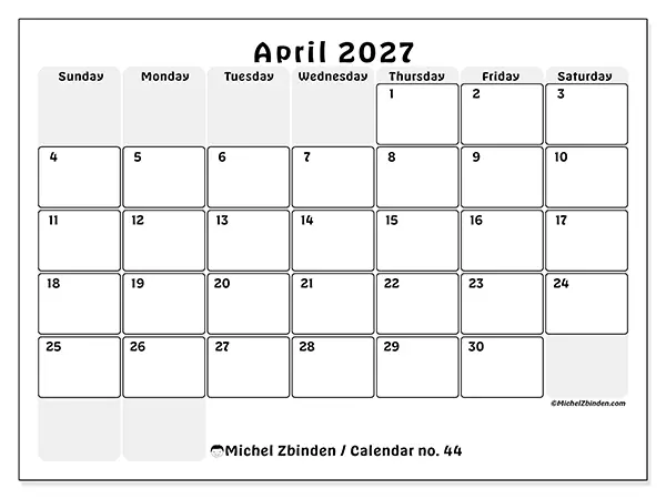 Printable April 2027 calendar - Structured planning - Week from Sunday to Saturday