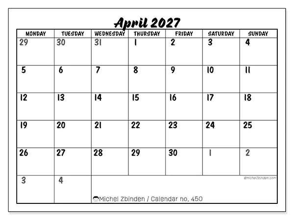 Printable April 2027 calendar - Detailed organization