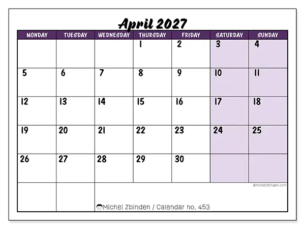 Printable April 2027 calendar - Colorful efficiency