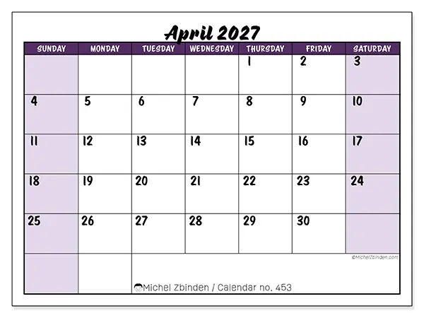 Printable April 2027 calendar - Colorful efficiency - Week from Sunday to Saturday